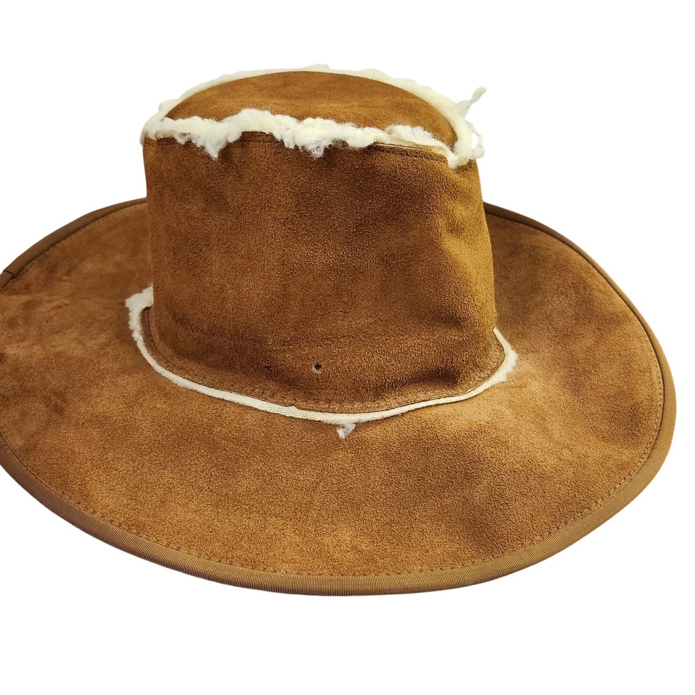 Suede Leather Western Cowboy Hat w/Faux Fur Trim - Brown Union Made Medium